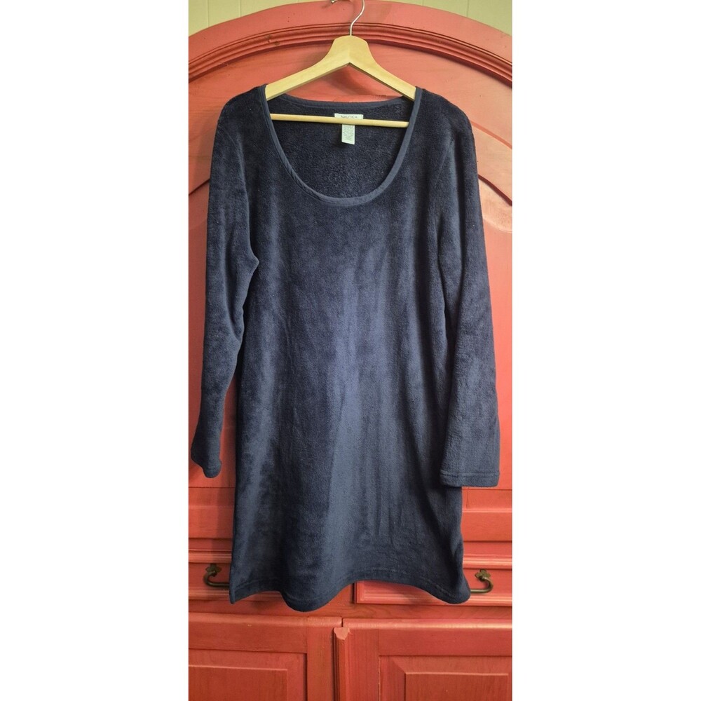 Nautica XL Fleece Sleepshirt Navy Blue Soft Plush Pajama Nightgown Pajamas EUC